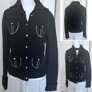 Wool Blend Cardigan with faceted buttons  silver thread detail on flap pockets